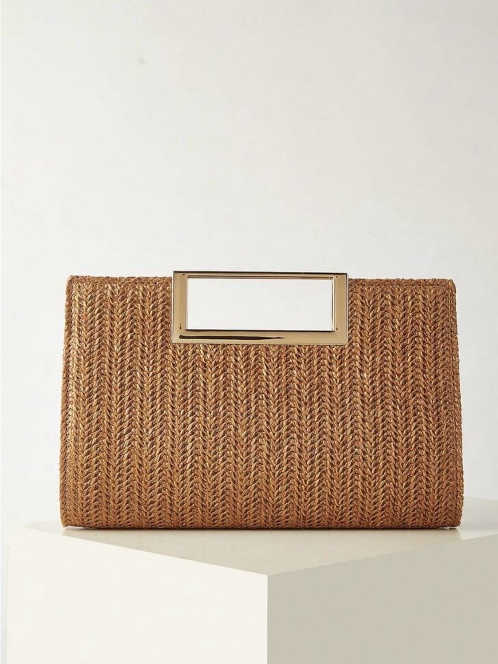 Woven Straw Clutch with Gold Accent - Tan